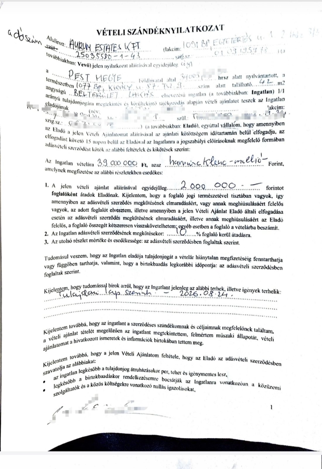 Vételi szándéknyilatkozat anonimizált dokumentuma