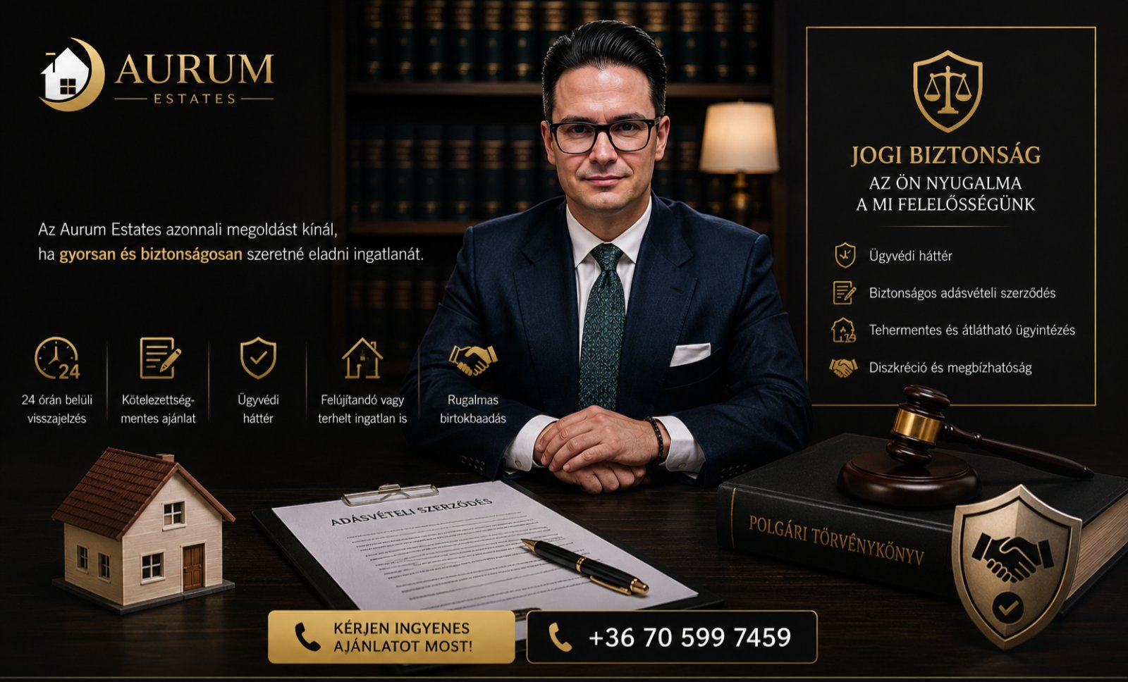 Adásvételi szerződés, toll és igazságmérleg ügyvédi irodában