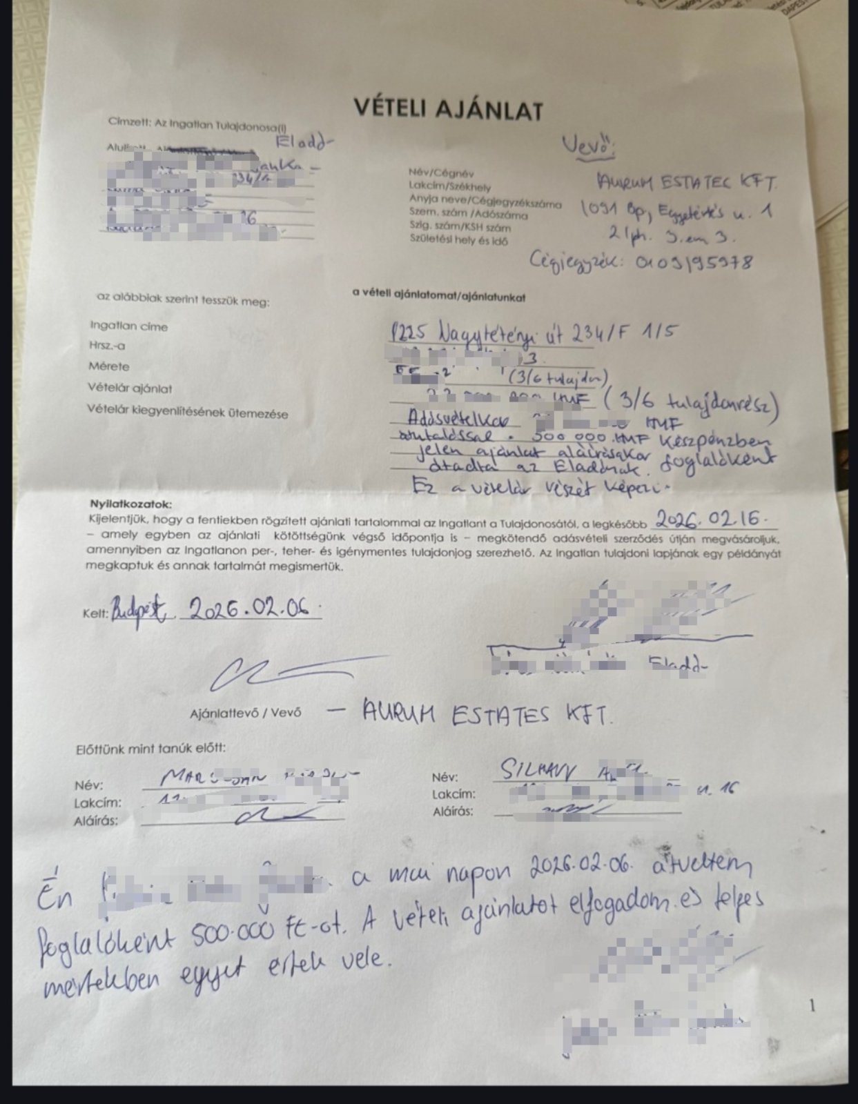 hivatalos vételi ajánlat